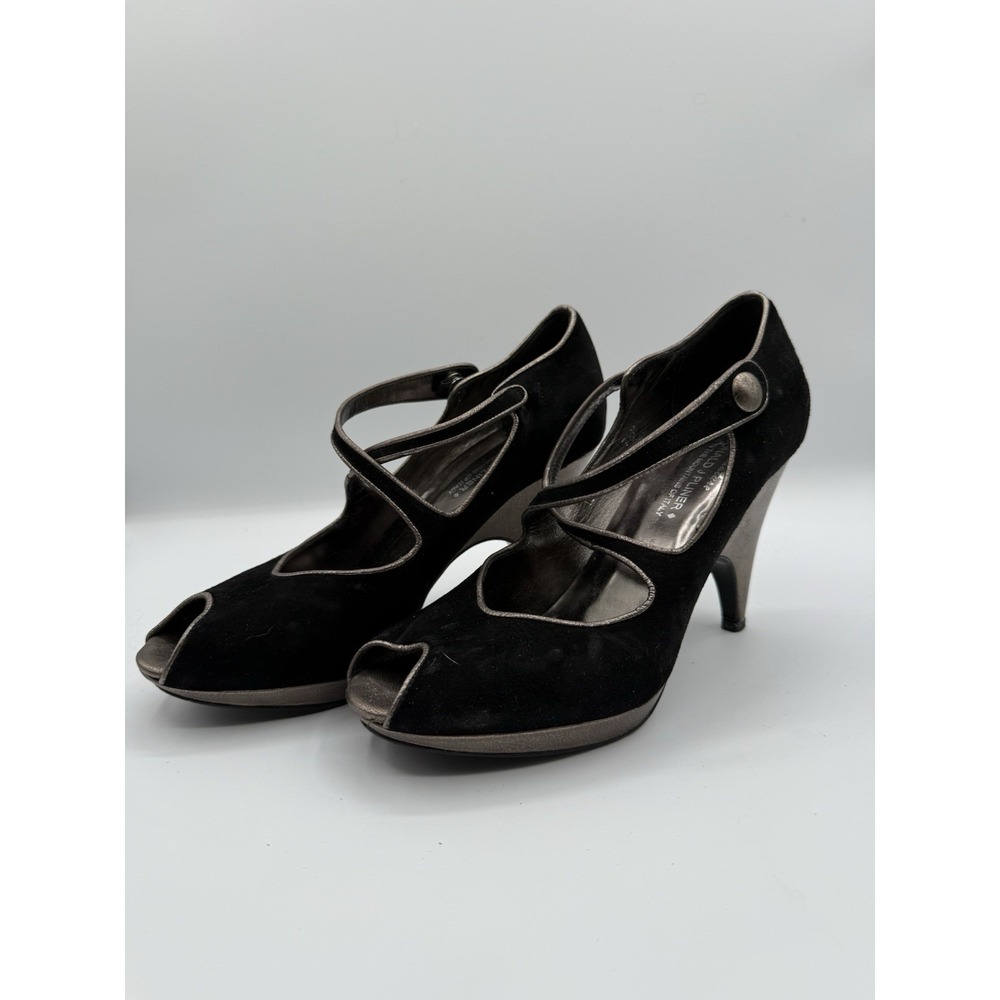 Donald J Pliner Couture Black Suede Metallic Trim Peep Toe Heels Pumps Size 7.5